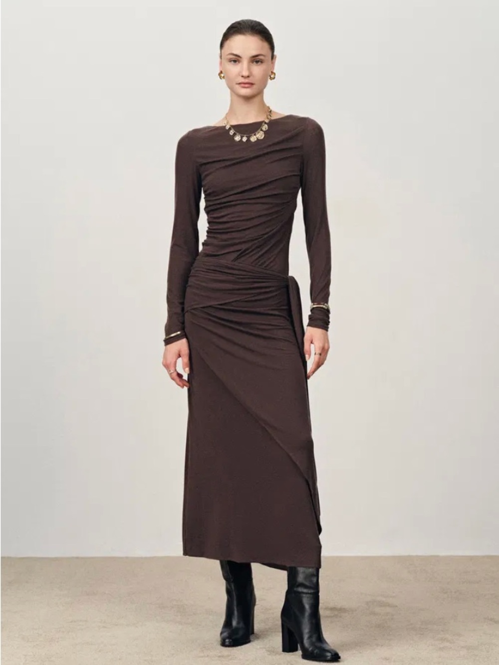 Classic Long Sleeve Brown Maxi Dress
